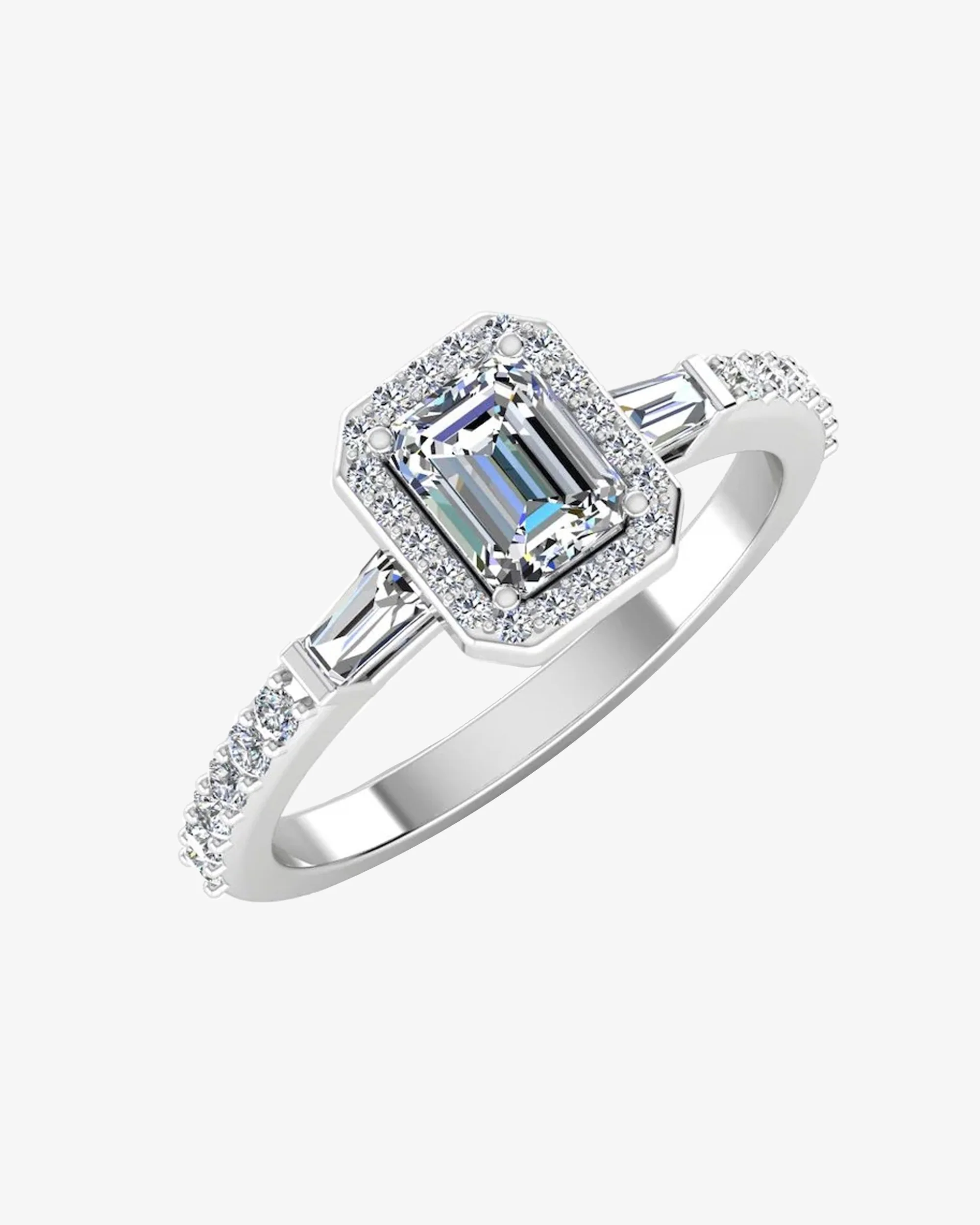 Baguette & Round Cut Halo Moissanite Engagement Ring