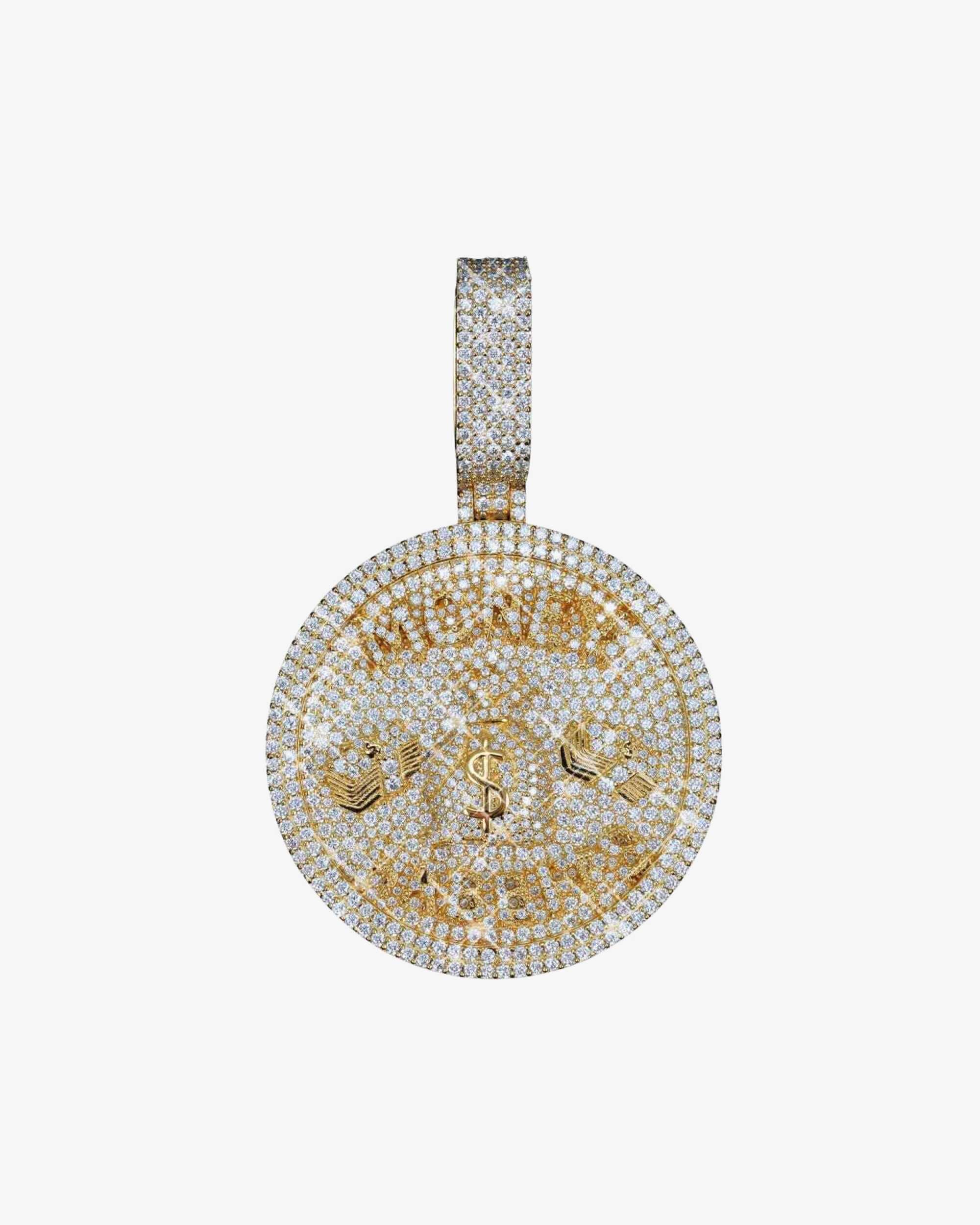 Custom Moissanite "MONEY HABBITS" Circle Pendant 14K Gold