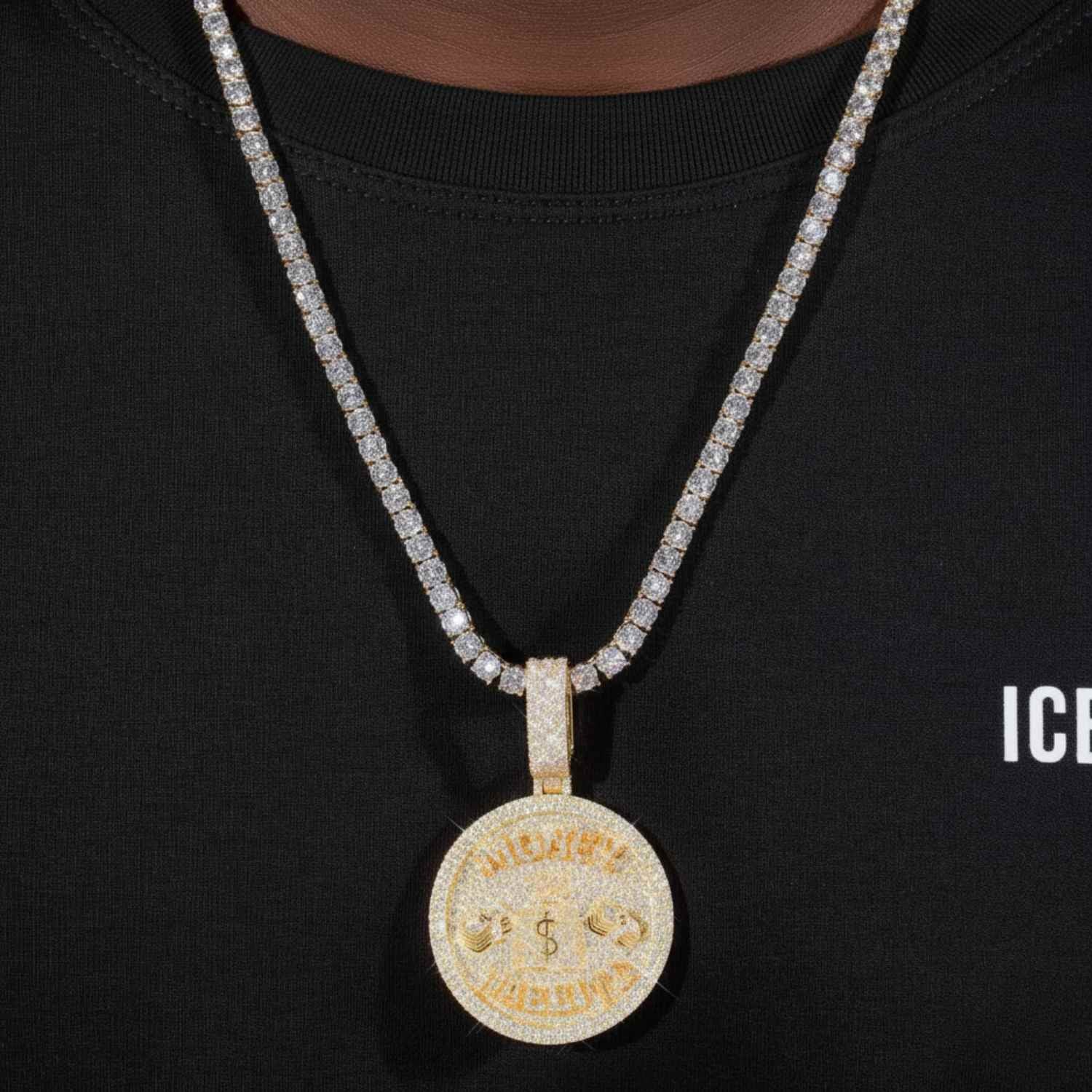 Custom Moissanite "MONEY HABBITS" Circle Pendant 14K Gold - Image 2