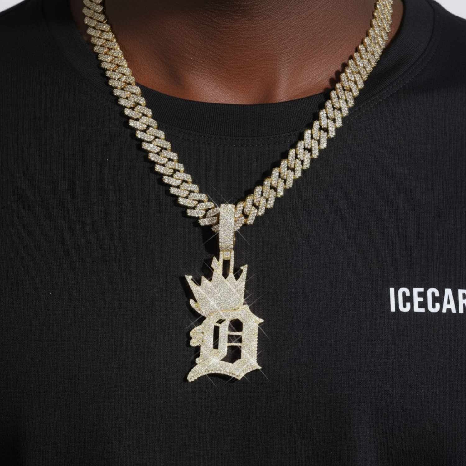 Custom Moissanite Crowned Letter "D" Pendant 14K Gold - Image 2