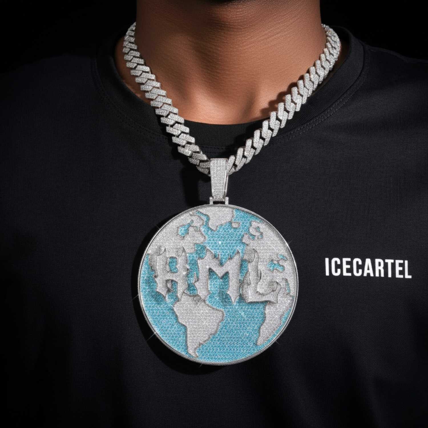 Custom "WORLD" Moissanite Circle Pendant 14K Gold - Image 2
