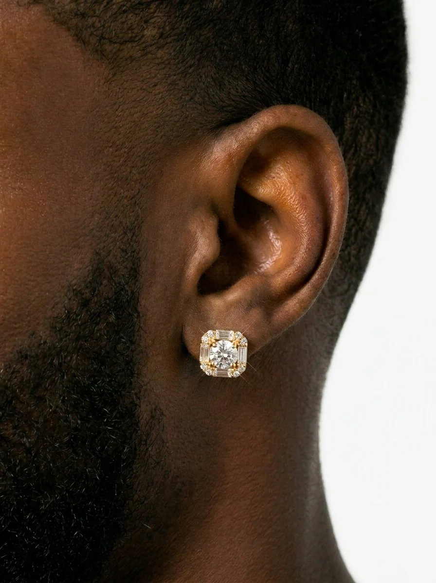 Moissanite Baguette Halo Stud Earrings 14K Gold - Image 4
