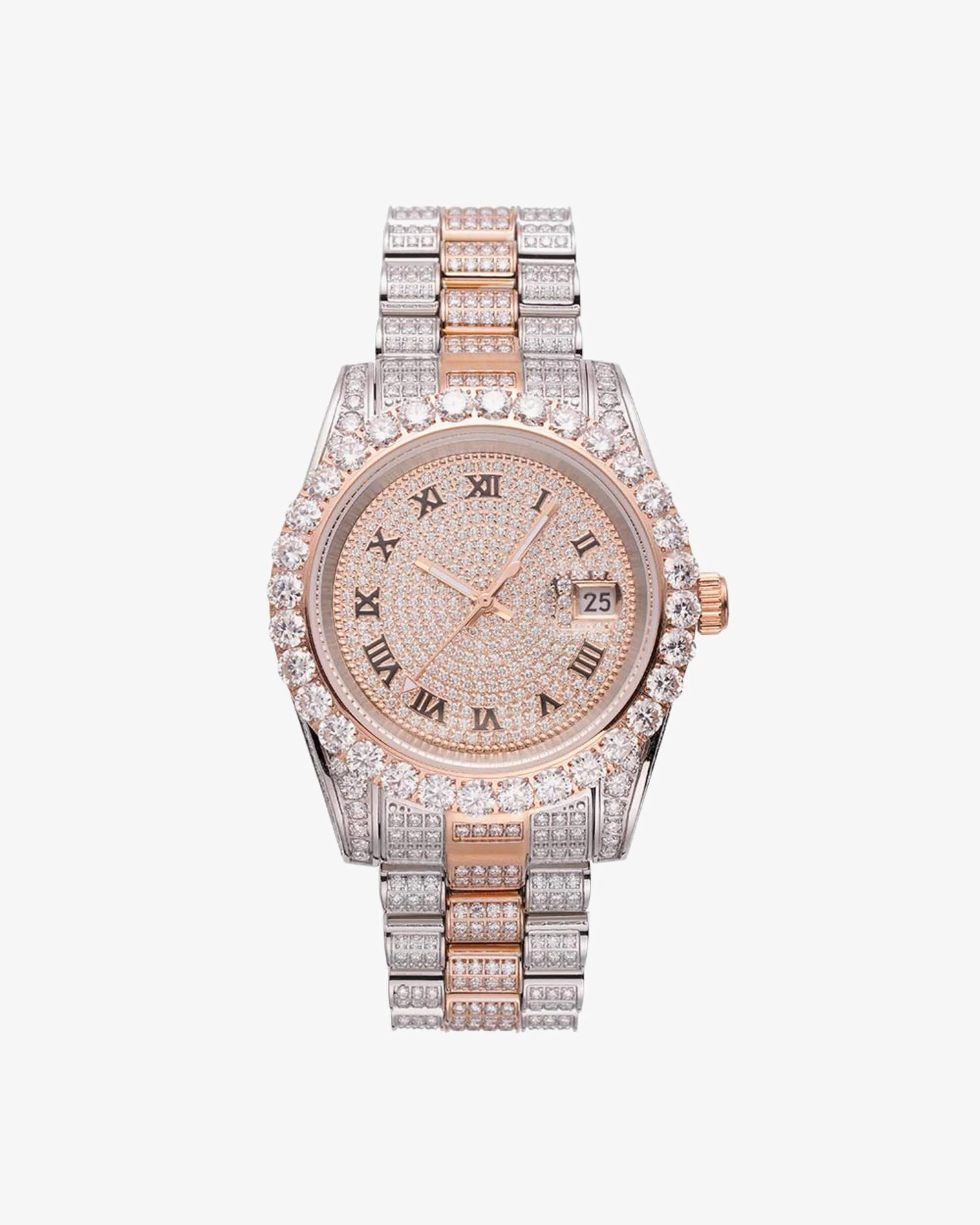 Moissanite Presidential Watch | 41MM | Roman Numeral Dial | 18.3CT Iced Out | 14K Rose Gold