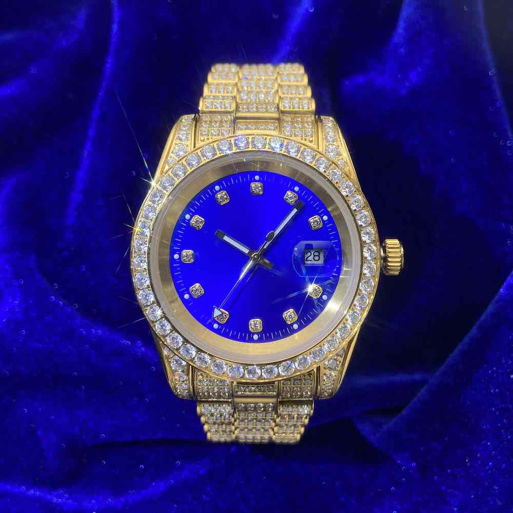 Moissanite Presidential Watch | Blue Face | 41MM | 13.3CT Iced Out | 14K Yellow Gold - Image 6