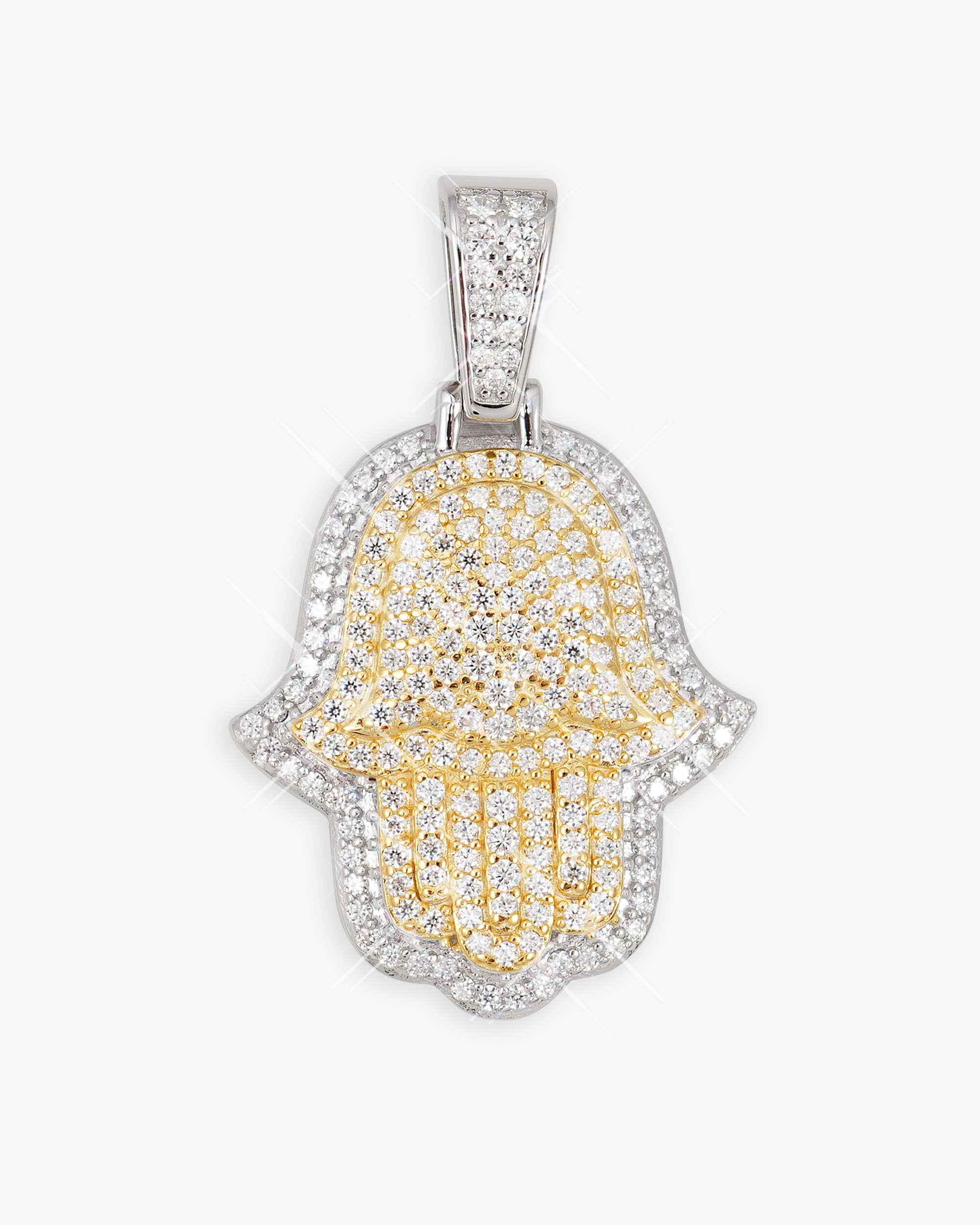 Moissanite Two Tone Hamsa Hand Pendant 14K Gold - Image 13