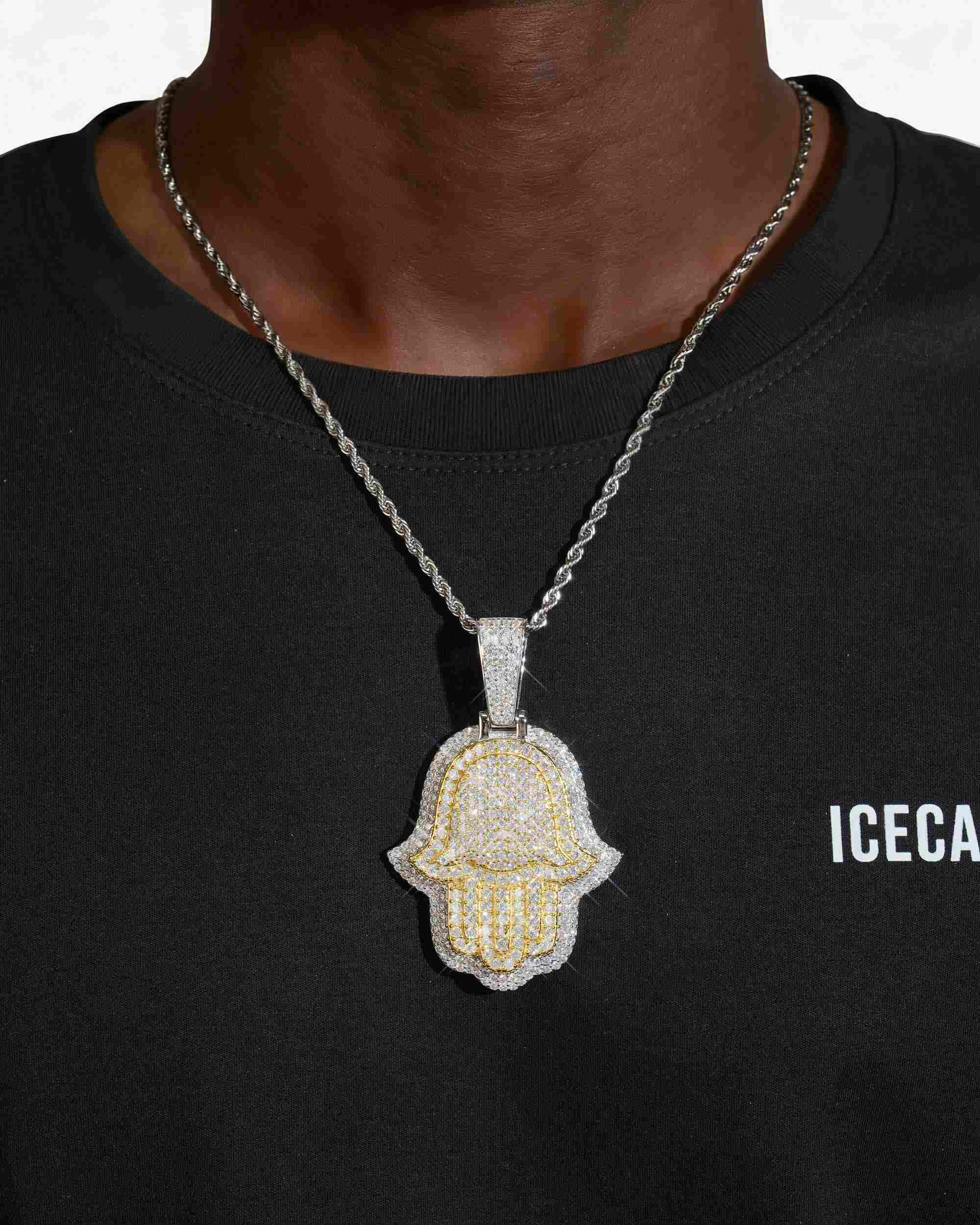 Moissanite Two Tone Hamsa Hand Pendant 14K Gold - Image 6