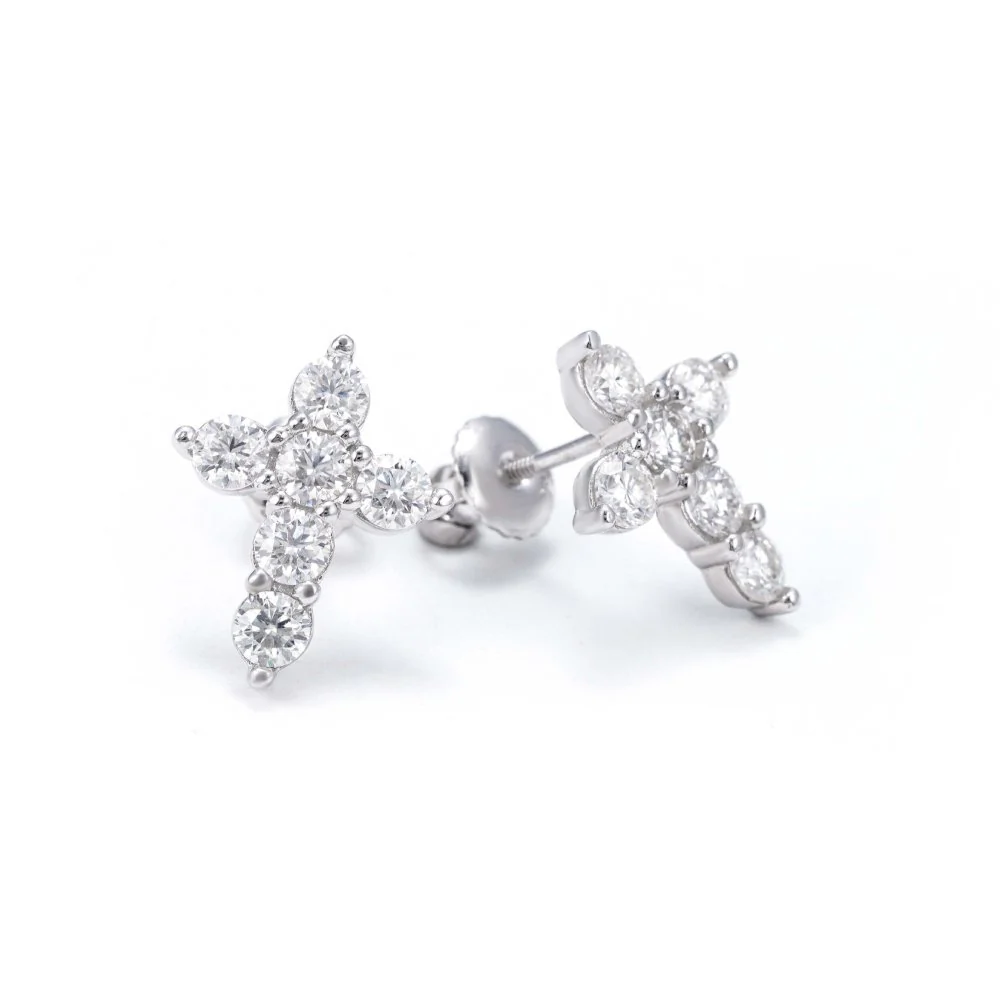 Round Cut Moissanite Cross Earrings 14K Gold - Image 4